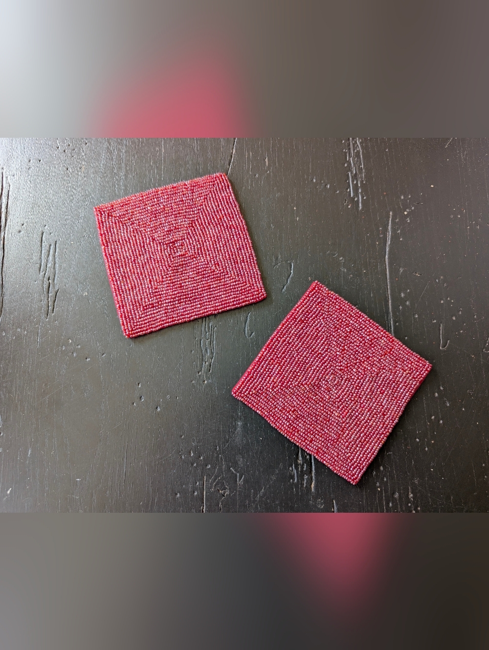 Pair of Red Glass Bead Drink Coasters 4x4 Felt Backs Elegant Holiday Dining